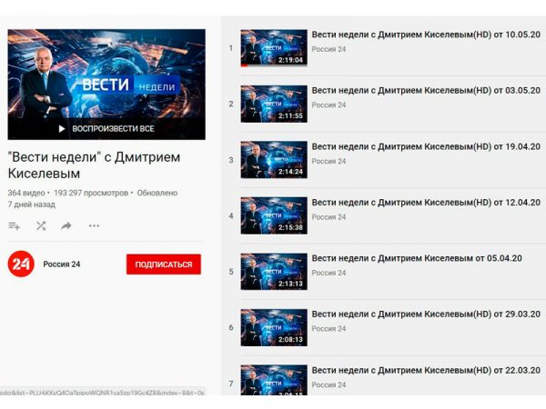 На youtube-канале удалён скандальный выпуск программы "Вести недели с Дмитрием Киселёвым" от 26 апреля из публичного доступа