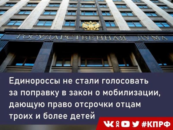 Единороссы не стали голосовать за поправку в закон о мобилизации, дающую отсрочки отцам троих и более детей
